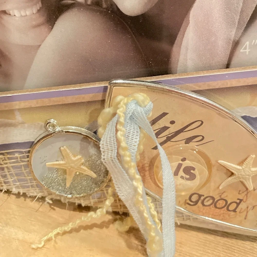 Life is Good Distressed Shabby Chic Shell Beach Coastal Frame Silver Blue 4x6
